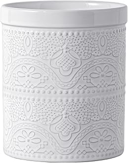 FE FUN ELEMENTS Kitchen Utensil Holder,7.2" Super Large Utensil Crock Heavy and Stable Lace Emboss Ceramic Utensil Holder for Countertop (Bright White)