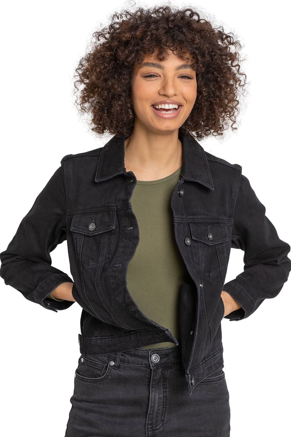 Roman Originals Women's Black Jean Denim Jacket For Uk 100% Cotton Summer Casual Stretch Crop Smart Utility Trucker Biker Fitted Vintage Wash Faded Classic Work Twill - Size 12