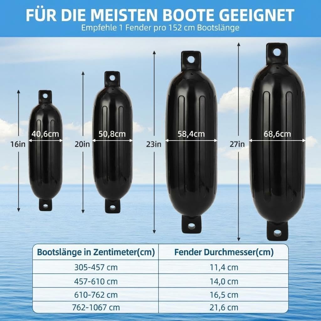 Garvee 4er Set Bootsfender Aufblasbar Mit Seilen, Luftpumpe & Tasche – Fender Für Boote 10–37 ft, Boot Puffer Anlegeschutz Für Yacht, Angelboot & Dock, Schwarz