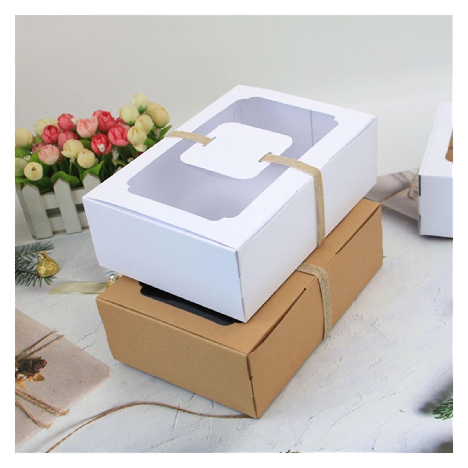 Scatole regalo Kraft 3/6/9/12 pezzi di carta Kraft contenitore di caramella confezione regalo PVC finestra trasparente scatola di biscotti fai da te Natale Capodanno decorazione della festa nuziale Na