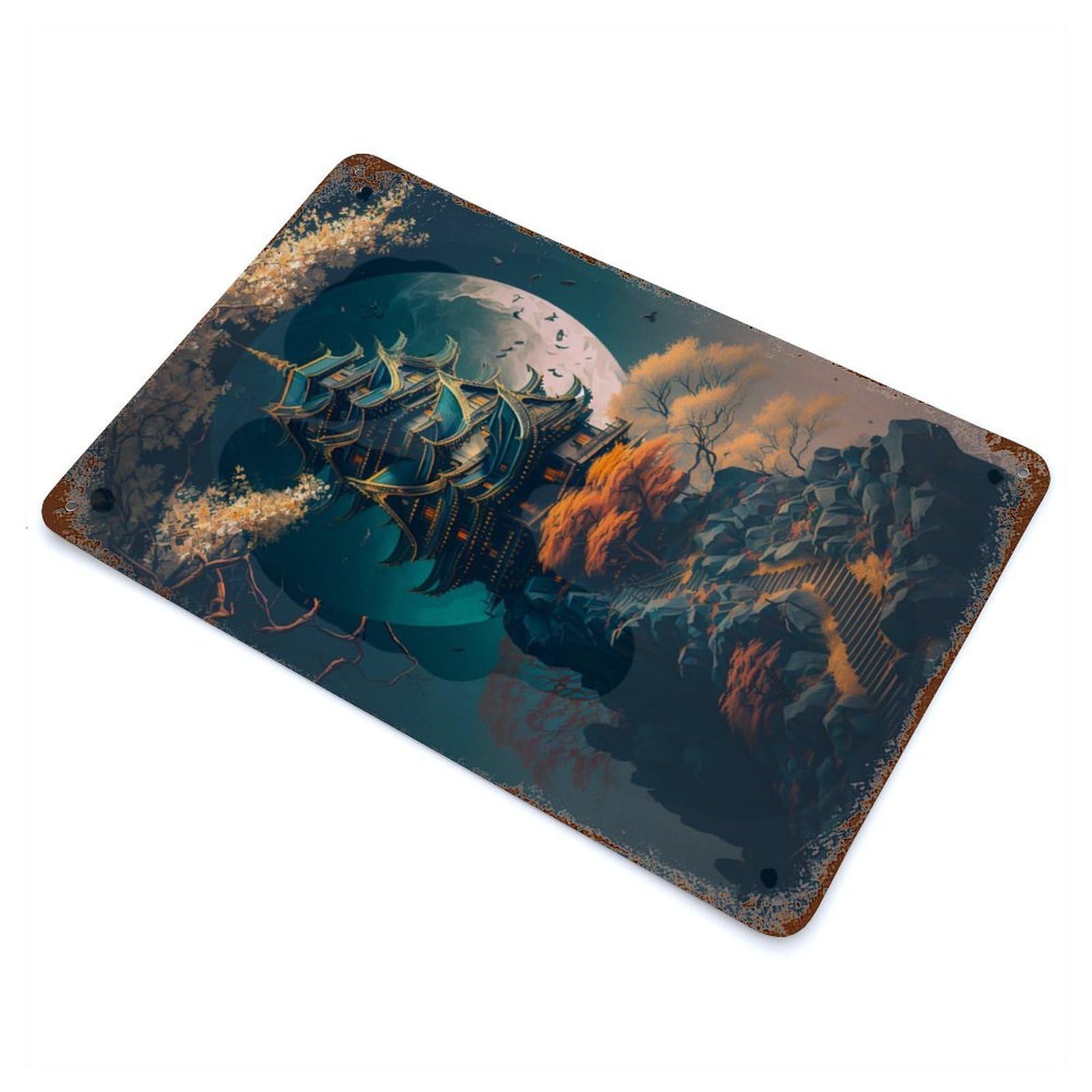 Garage Style Palace On A Cliff Aged Metal Wall Plaque 11.8"x7.9", Farmhouse Wall Decor for Bar And Workshop