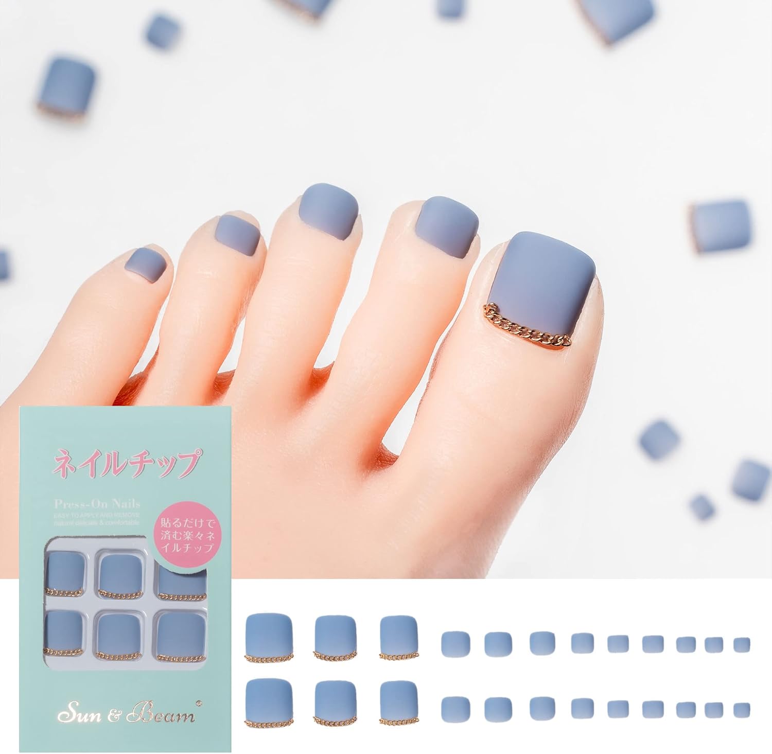 Sunamp Beam Nails 足用 ネイルチップ グリッター フット ショート つけ爪 キラキラ かわいい 人気 おしゃれ 付け爪 ファッション 貼るだけ 長持ち 24枚入 7 マットブルー 直営店