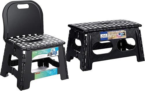 ACSTEP Taburete plegable, incluye taburete extra ancho y resistente y soporte para la espalda, taburete plegable negro