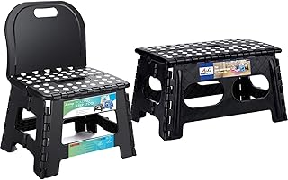 ACSTEP Folding Step Stool, Include Extra Wide Heavy Duty Stepping Stool and Back Support Foldable Step Stool Black
