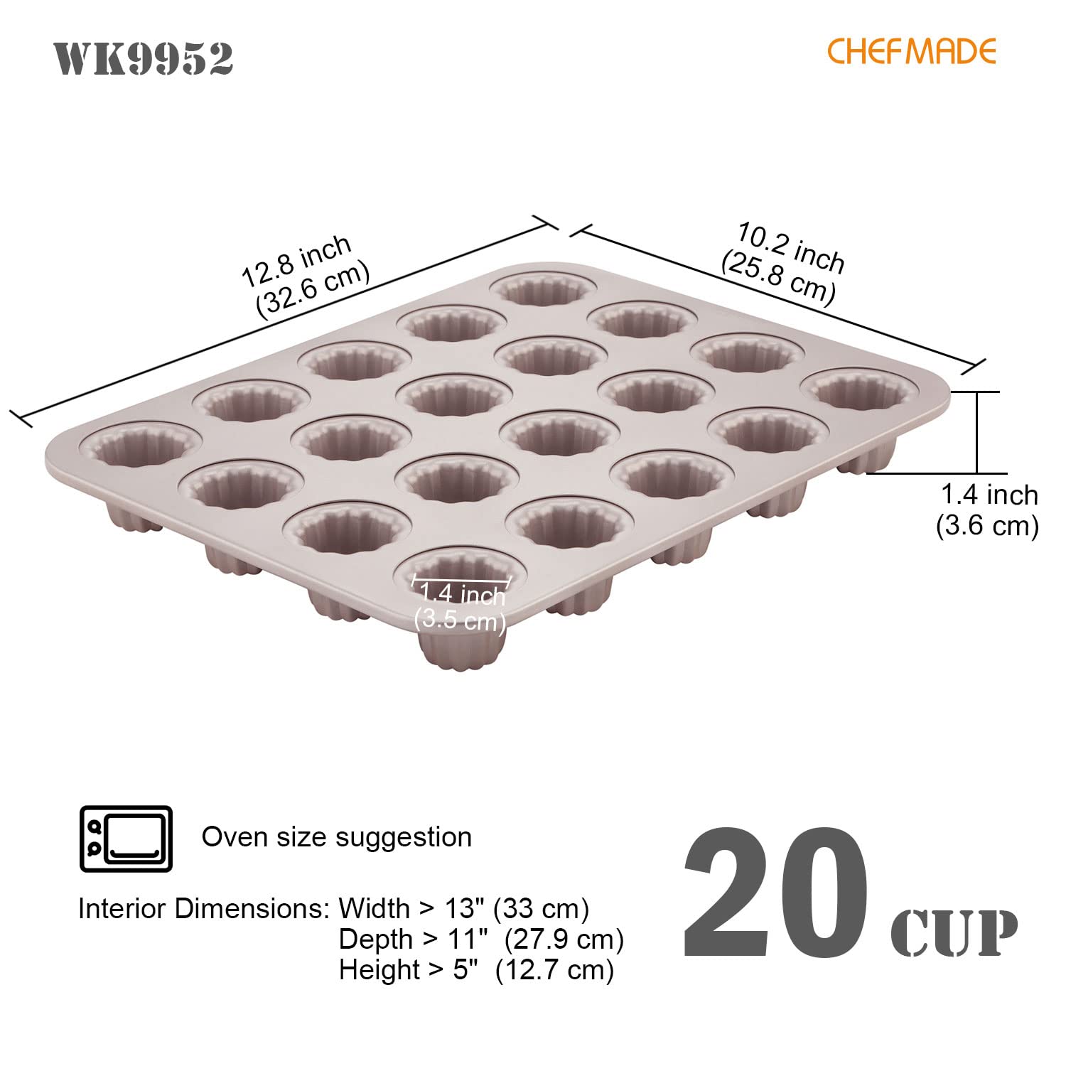 CHEFMADE Mini moule à gâteau en cannes, moule à gâteau, Mini ustensiles de cuisson antiadhésifs pour muffins, poêle à gâteau Chi, ustensiles de cuisson au four, 20 cavités (Champagne Or)