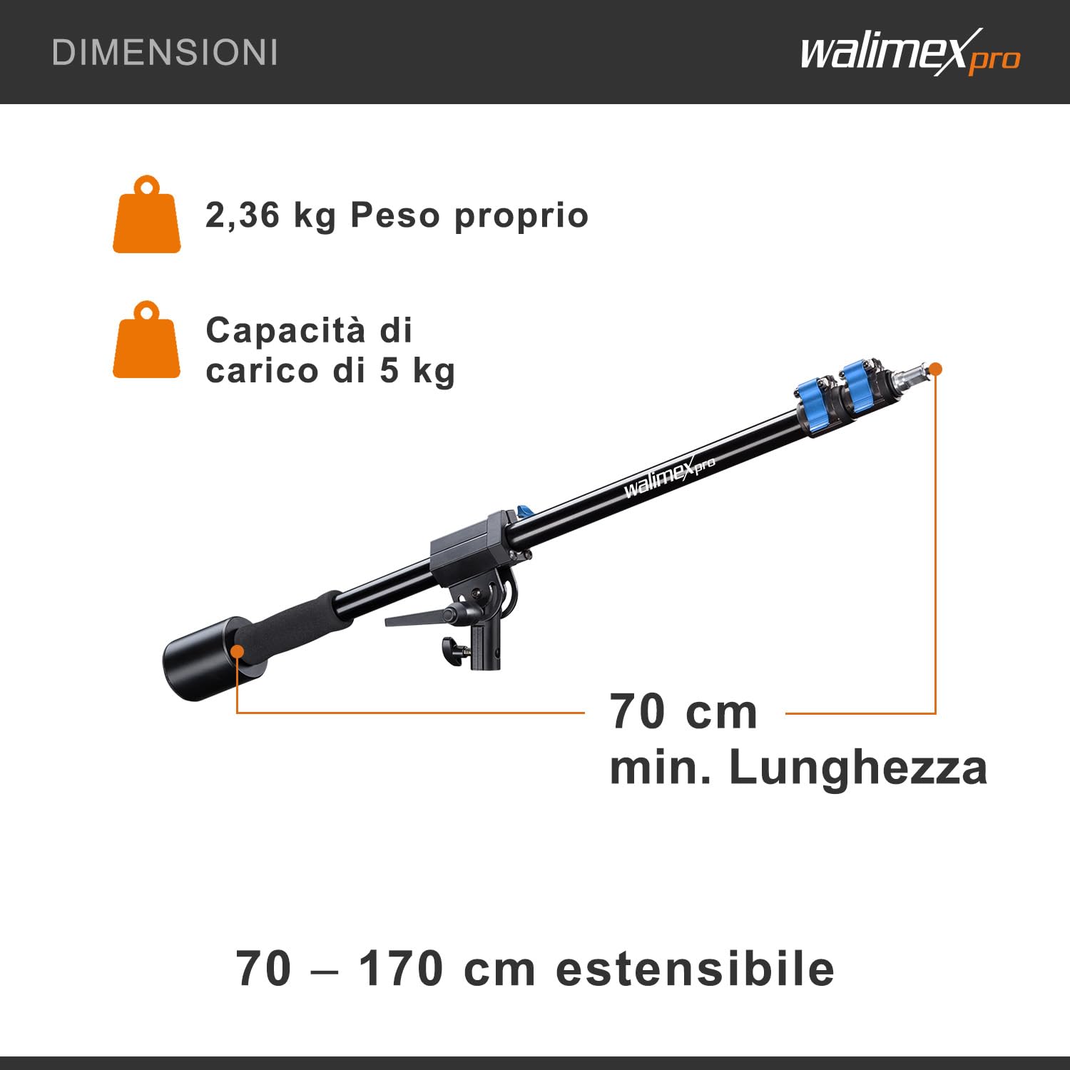 Walimex Pro Boom (contrappeso 70-183 cm, braccio, braccio di estensione, testa girevole, braccio in alluminio con 3 sezioni, altezza e lunghezza regolabili, capacità di carico da 2 a 5 kg), nero