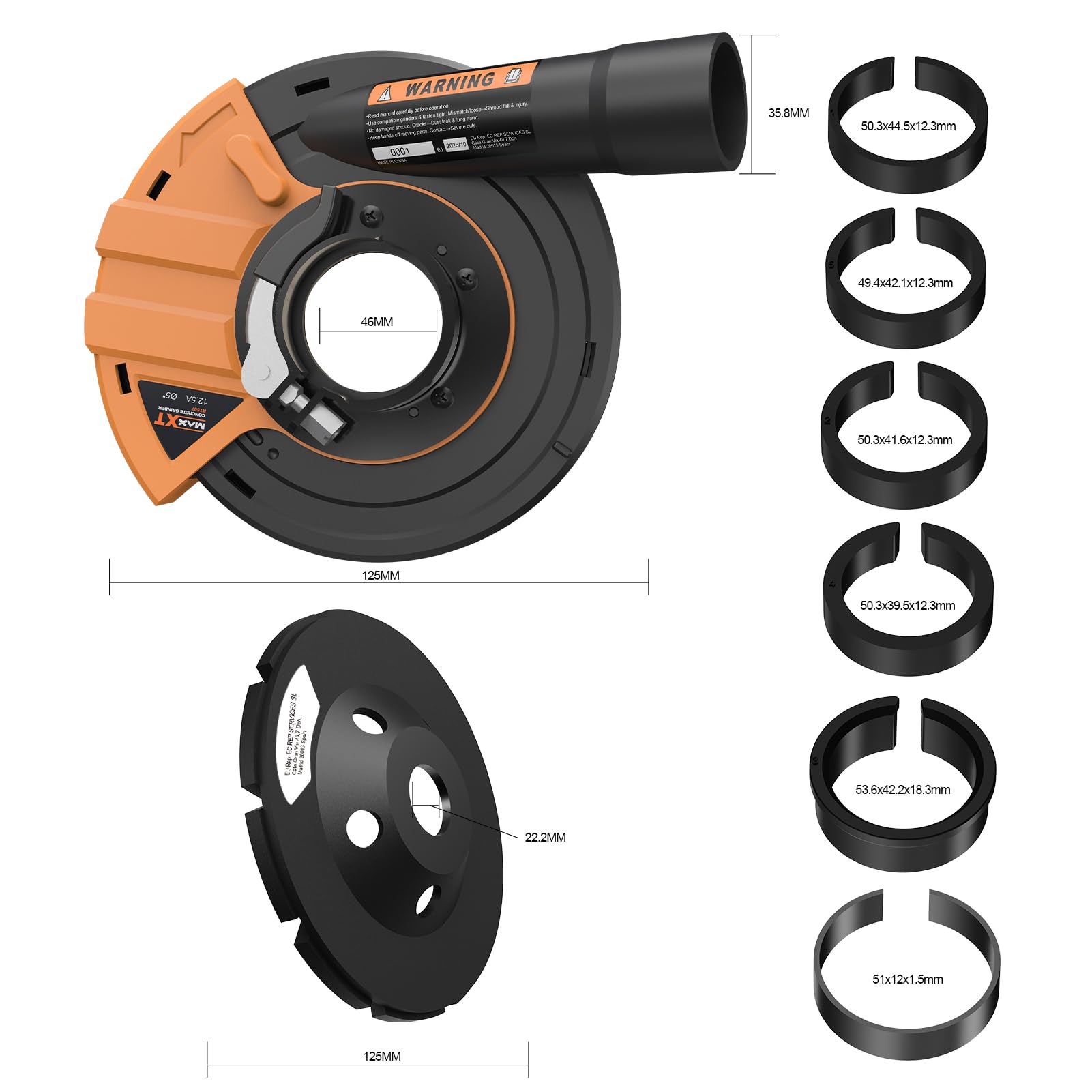 MAXXT Set di levigatura per calcestruzzo, cappa di aspirazione per smerigliatrice angolare, con 2 punte diamantate da 125 mm e adattatore M14