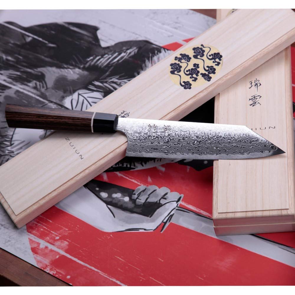 KIRITSUKE/Nóż Santoku – nóż kuchenny, nóż szefa, nóż do mięsa, nóż uniwersalny i japońska stal proszkowa SG2, 62 warstwy stali damasceńskiej i 7-kątny uchwyt z drewna Pakka, ostrze 180