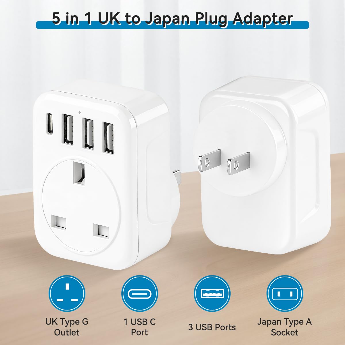 UK to Japan Plug Adapter,SHUOMAO UK to Japan Travel Adaptor with 4 USB(1 USB C 17W Charger),Japanese Power Adapter Converter Plug for Japanese,Amercian,China (Type A) — view 2