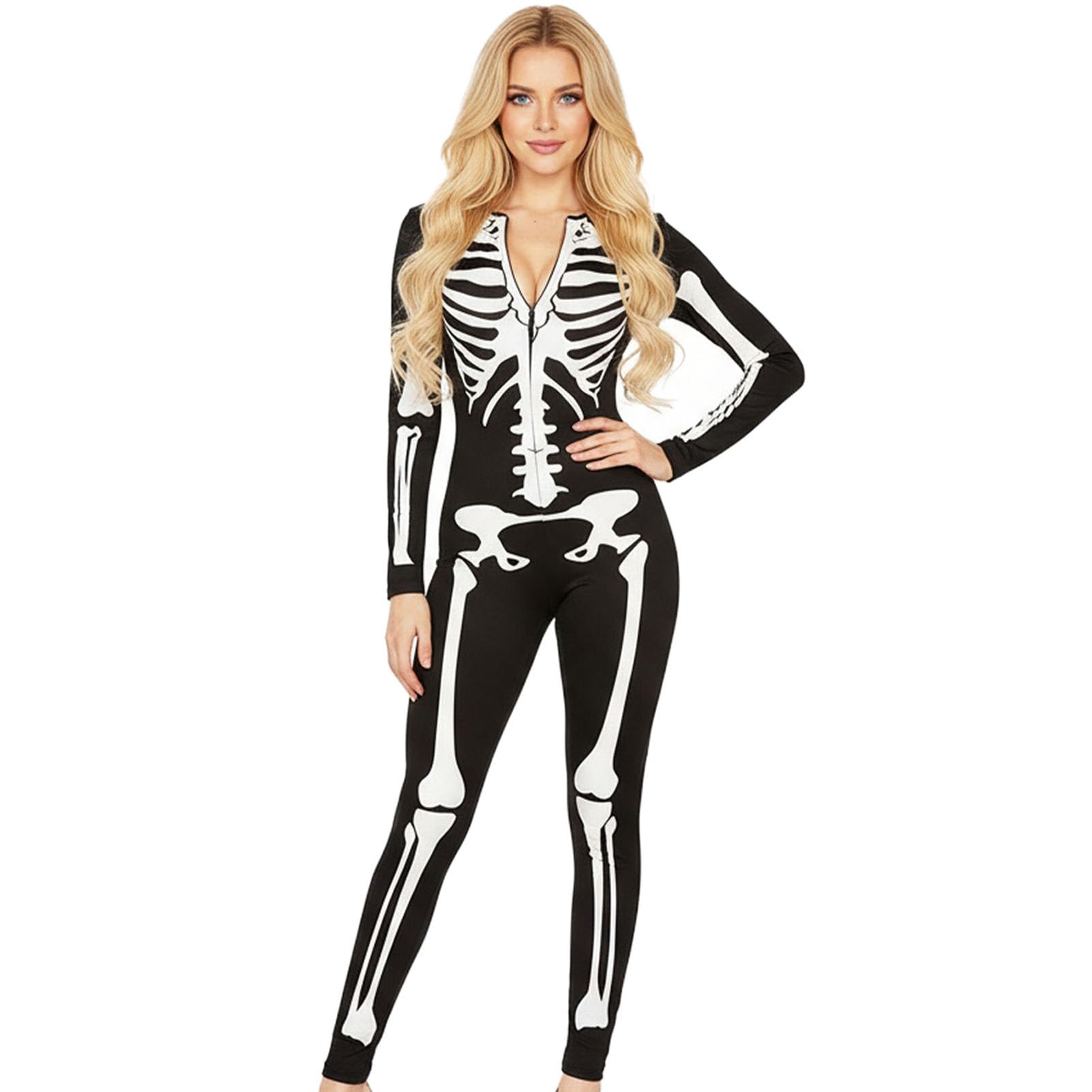 Forfamy Glow in The Dark Skeleton Costume Women for Halloween Adults White Glowing Halloween Zipper Jumpsuit (Style-1, L)