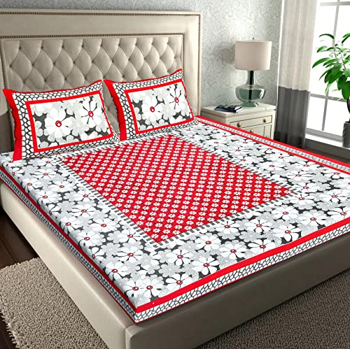 Image of RajasthaniKart Pure 100% Cotton 144Tc Double Bed Sheet with 2 Pillow Covers (Bedsheet for Double Bed Cotton, Maroon,Floral), 144 Tc
