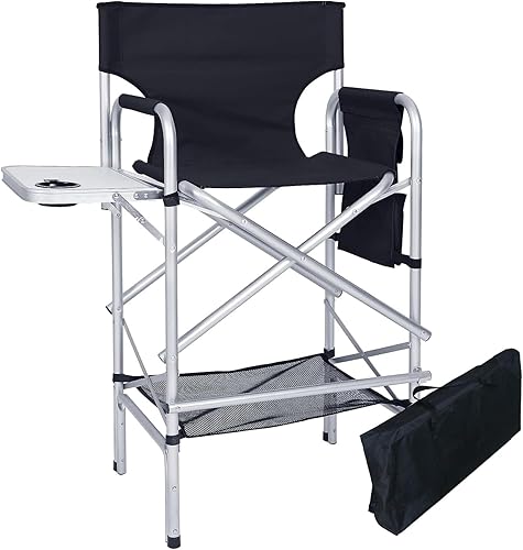 ZIXNEXKOO Silla de director alta, silla de maquillaje portátil de 41 pulgadas de altura, silla de director plegable con mesa auxiliar, soporte para