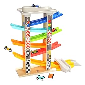 TOP Bright Wooden Race Track Car Ramp Toys for Toddlers 1-3 Years Old with 6 Mini Cars, 1 Car Garage & Extra Bridges, Toddler Montessori Toys for 1 Year Old Boys Girls Birthday