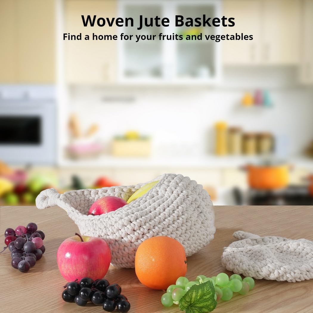 4 Jute Hanging Storage Baskets for Kitchen & Home Organization – Hand-Woven Baskets for Fruits, Vegetables, and More