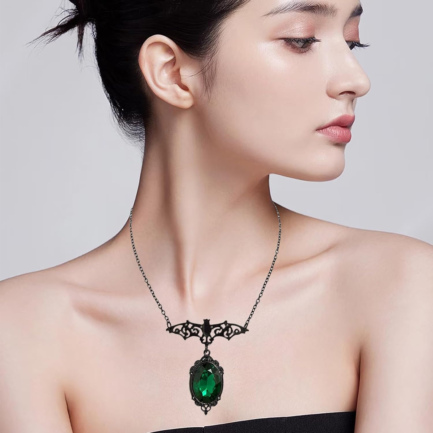 Bat Necklace for Women Halloween Necklace Vintage Gothic Bat Necklaces Crystal Glass Cameo Pendant Necklaces Mystic Witch Costume Accessories Halloween Jewelry Gifts for Women - Image 2