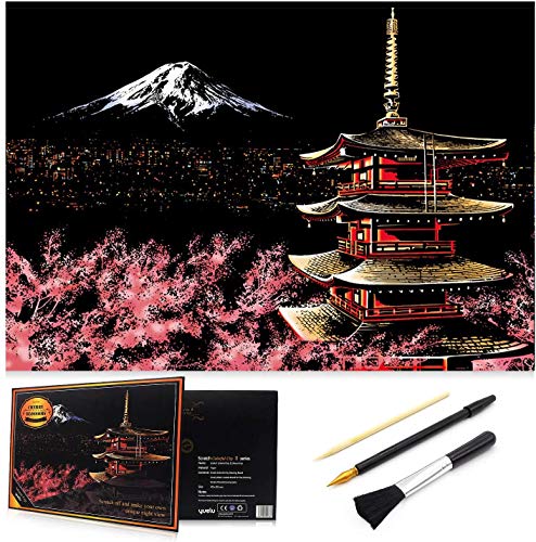 Wbeng Scratch Art Rainbow Coloring Paper, Sketchpad DIY Night View Scratchboard para crianças e adultos, gravado Art & Craft Set, 16 '' x 11,2'' com 3 ferramentas (Monte Fuji, Japão)