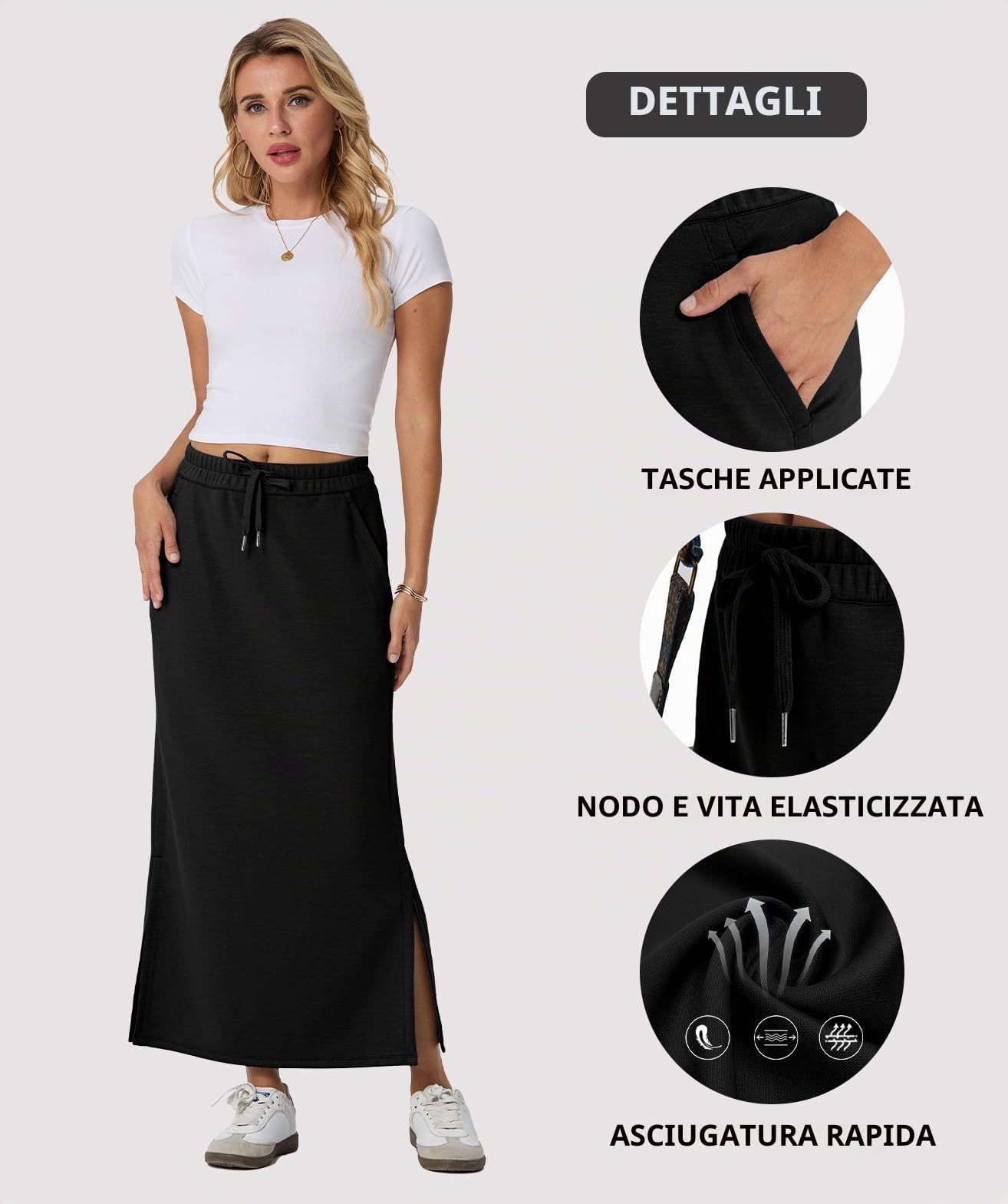 GRECERELLE Maxi gonna spessa da donna autunno inverno antirughe casual a vita alta regolabile con coulisse gonna con 2 tasche profonde e spacco laterale