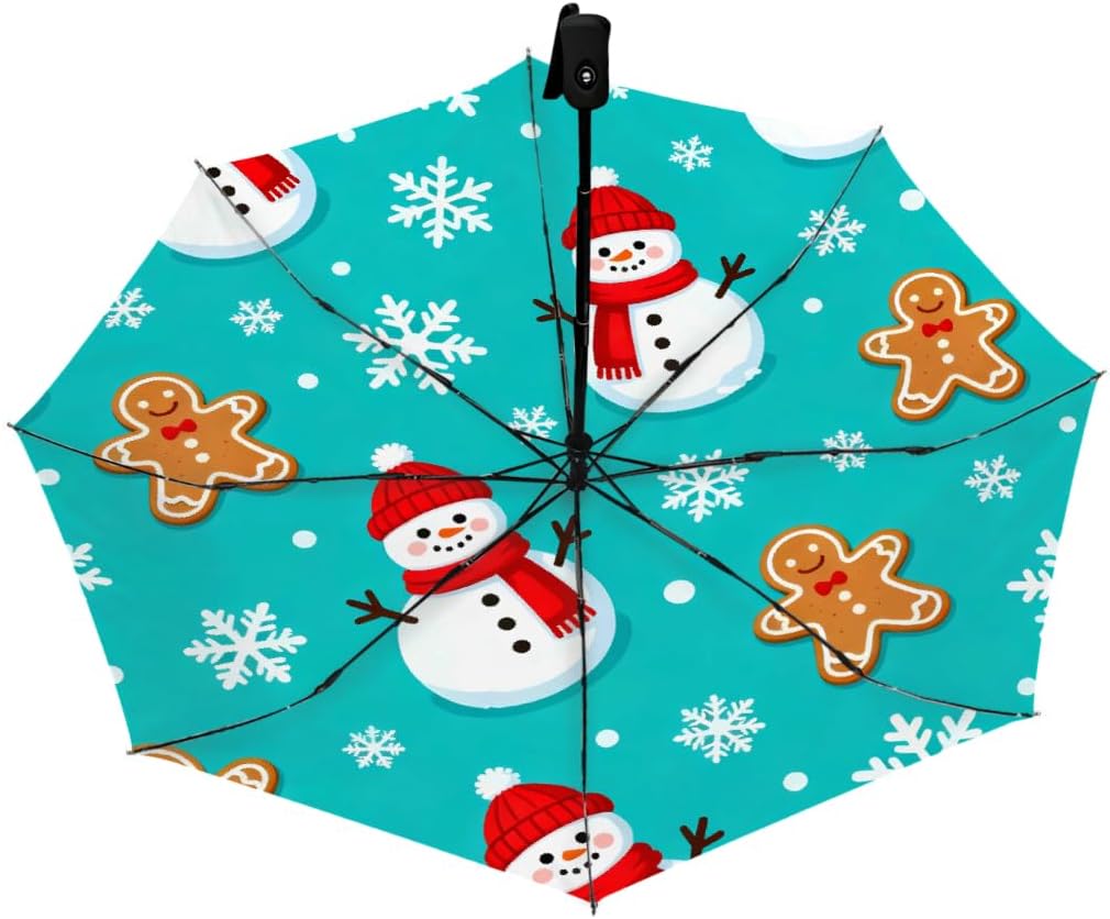 Snowman Christmas Gingerbread Man Folding Umbrella Windproof Compact Lightweight Travel Umbrella with 8 Reinforced Ribs, Portable UV Sun & Rain Protection for Men & Women