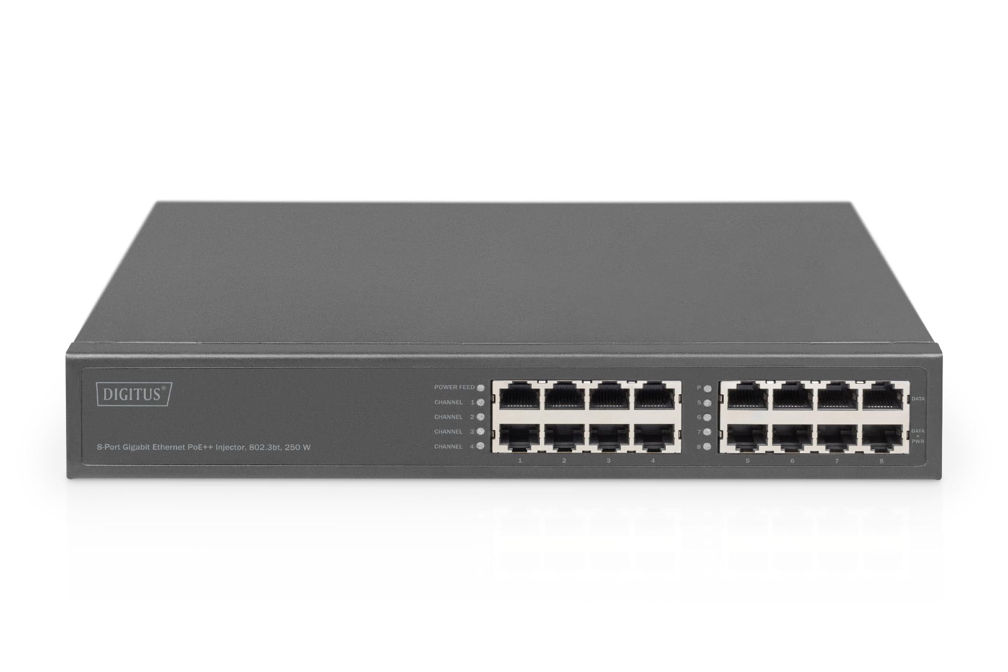 DIGITUS Injecteur PoE+ - 8 Ports RJ45 - Gigabit - IEEE802.3bt - 250W Budget PoE - Tension de Sortie 54VDC - 10/100/1000 Mbit/s - portée 100m - Plug & Play - Noir