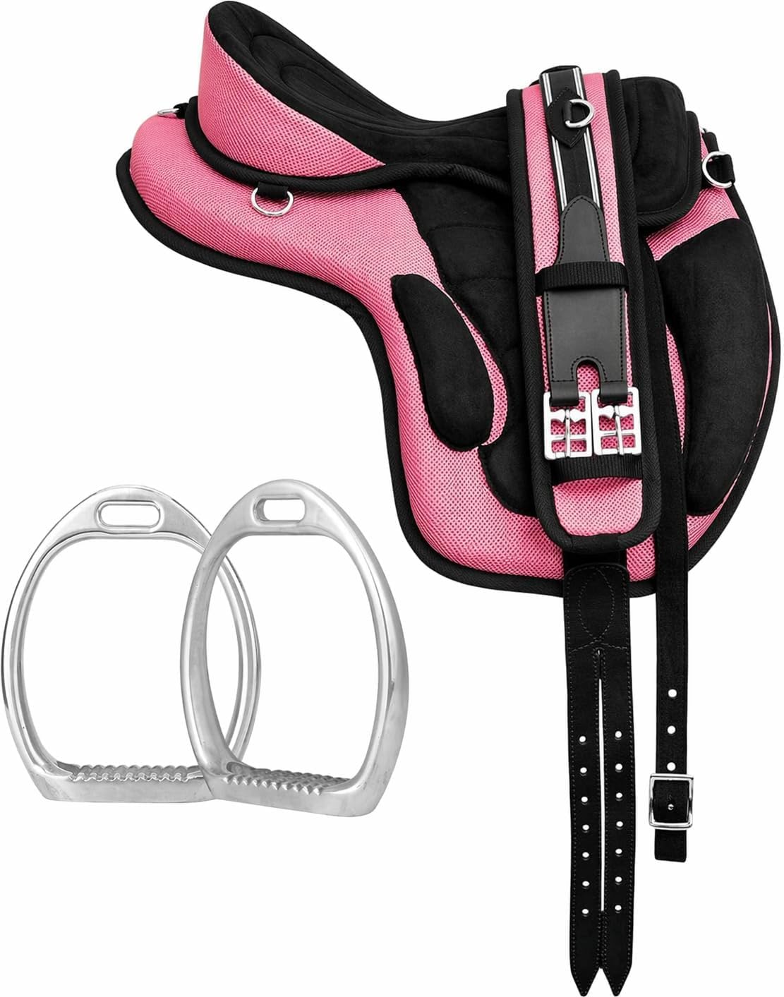 Synthetic Treeless Horse Saddle with Matching Girth | Lightweight Adjustable Freemax Saddle for Trail Riding, Training & Endurance | Soft Padded Equestrian Tack for Horses (Light Pink, 14 Inch)