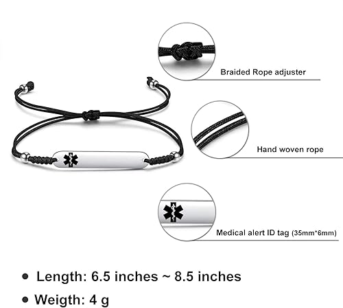 Miniatura 5 de JF.JEWELRY Pulseras de identificación de alerta médica para diabetes tipo 1 pregrabadas para hombres y mujeres, cuerda de nailon trenzada
