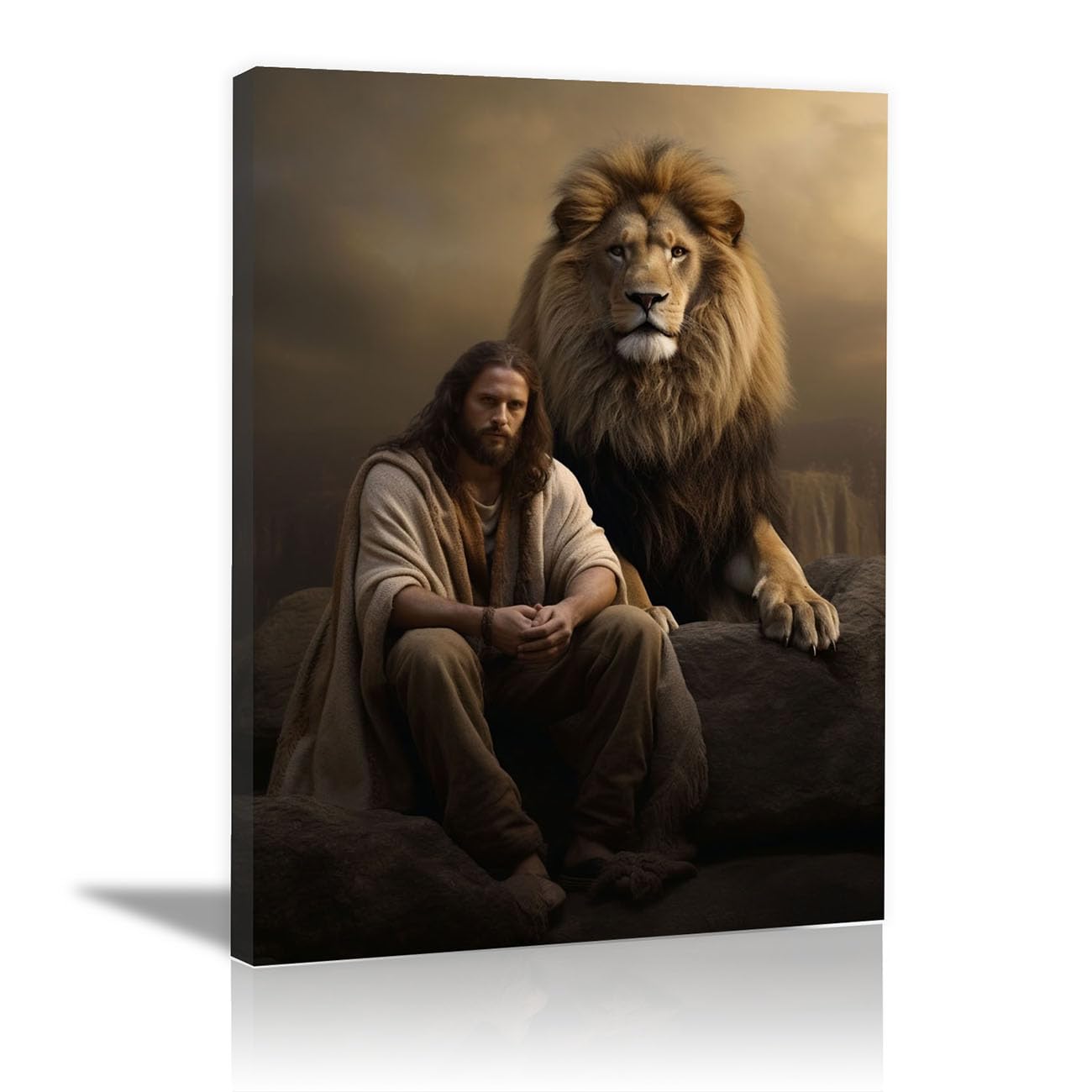 QUSAAOU Jesus Canvas Wall Art Jesus in the Rain Picture Prints God Posters Catholic Artwork for Spiritual Room Bedroom Home Decor(khaki)-80x120cm Unframed