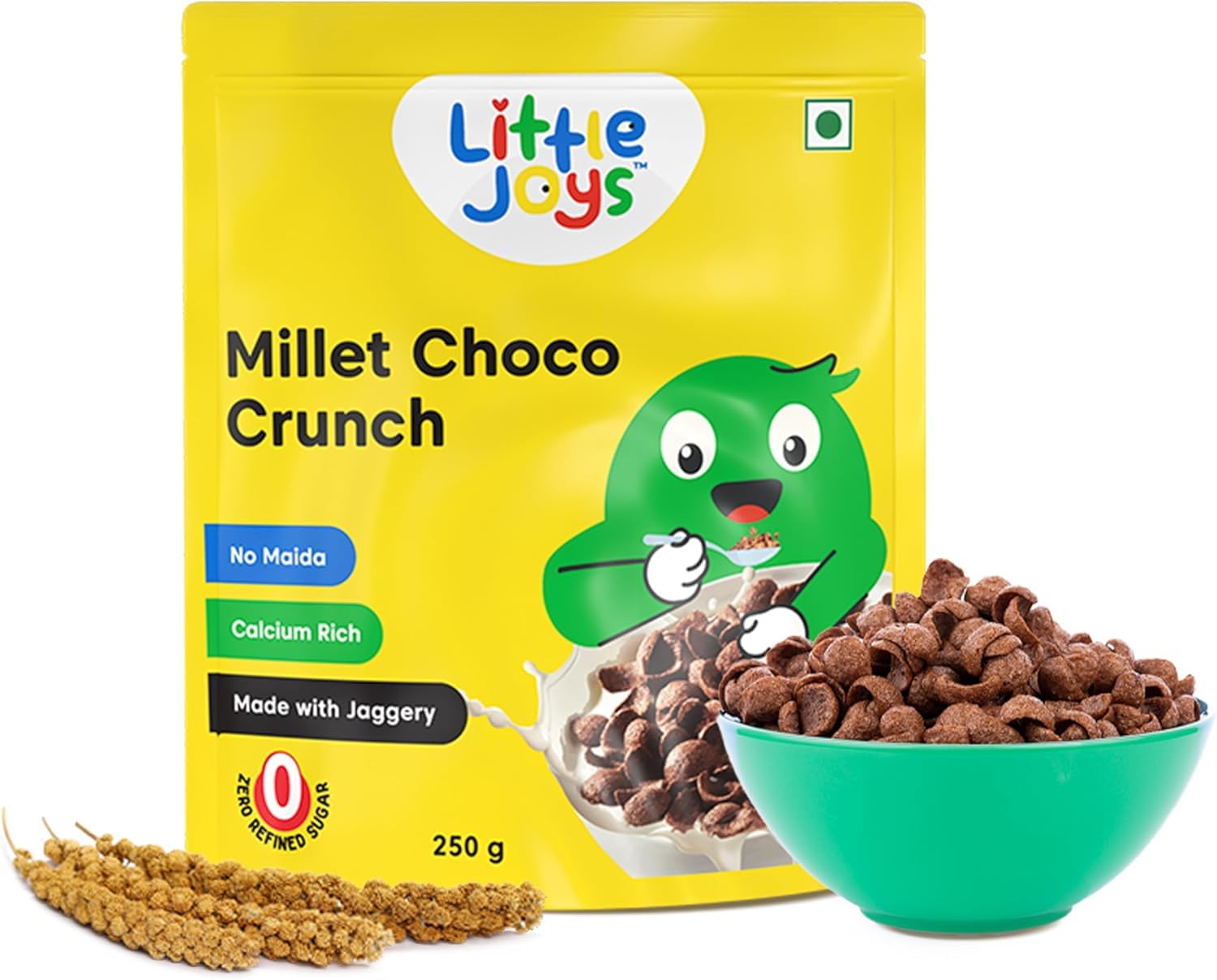 Millet Choco Crunch | Healthy Breakfast Cereal for Kids | Made with Ragi, Jowar, Foxtail & Red Rice | No Maida, No Refined Sugar | Sweetened with Jaggery | 250gm
