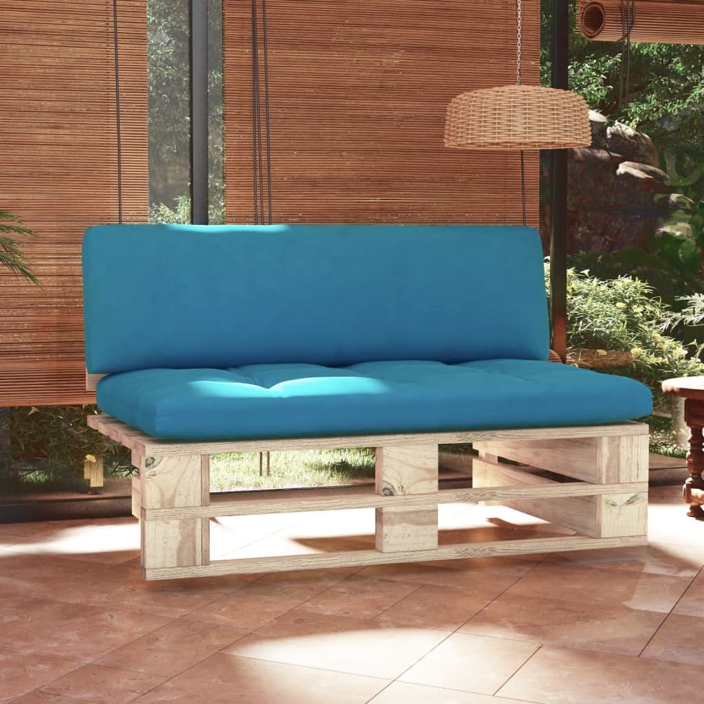 Paletten-Mittelsofa aus imprägniertem Kiefernholz, 110 x 65 x 55 cm, Blau, mit Sitz- und Rückenkissen, 16,57 kg