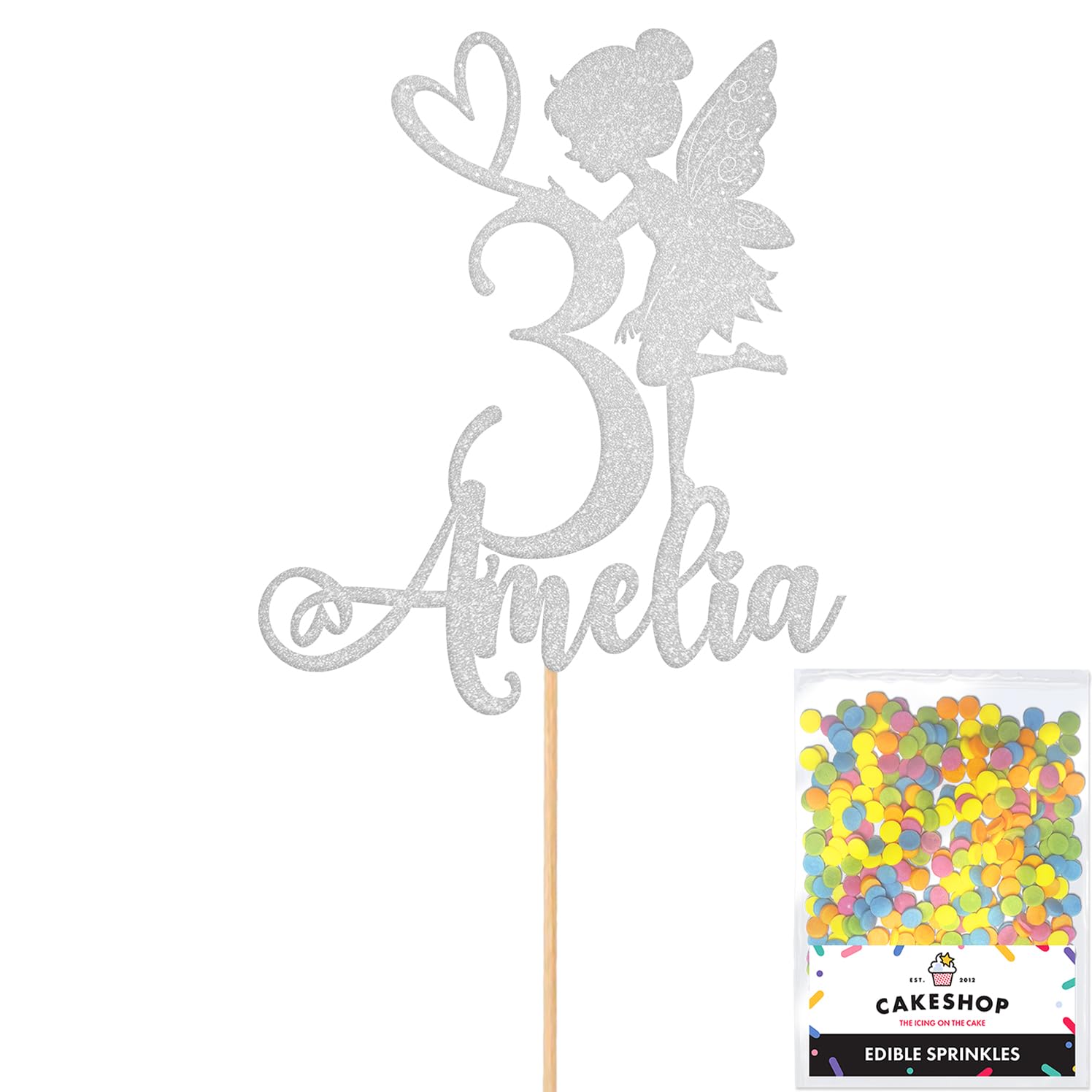 Personalised Fairy Gltter Cake Topper- Light Silver Any Custom Name & Age Glitter Cake Decoration and Sprinkles - Happy Birthday Decorations - Personalised Toppers for Cakes by Cakeshop — image 1