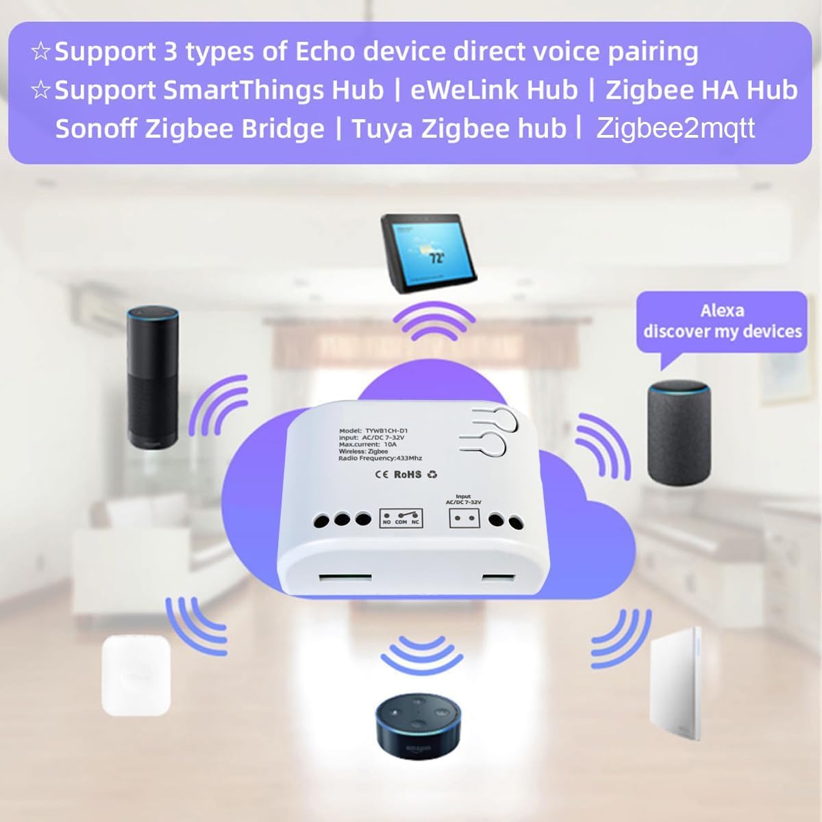 Diagram showing the Smart Switch module surrounded by various smart home hubs and voice assistants like Alexa, indicating compatibility and direct voice pairing support.