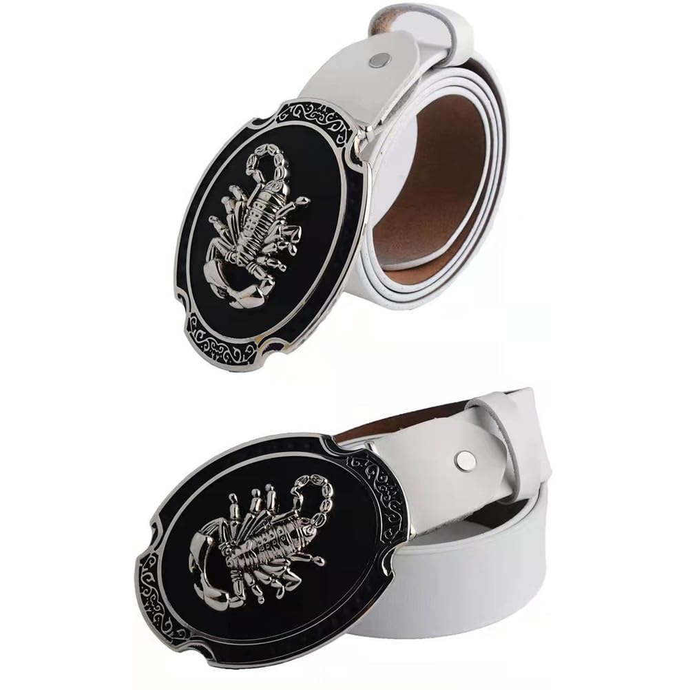 WRJAHCG Men's Casual Leather Belt,Scorpion Pattern Belt Buckle,White,115CM/45.3''