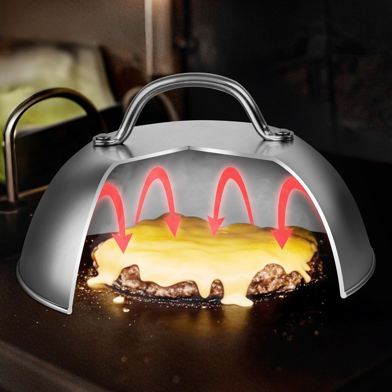 Burger Set, inkl. 2 Edelstahl Burgerglocken, Burgerpresse, Smasher, Pattywender, Komplettes Burger Grill Set für BBQ Plancha, Grillplatte, Gasgrill & Feuerplatte