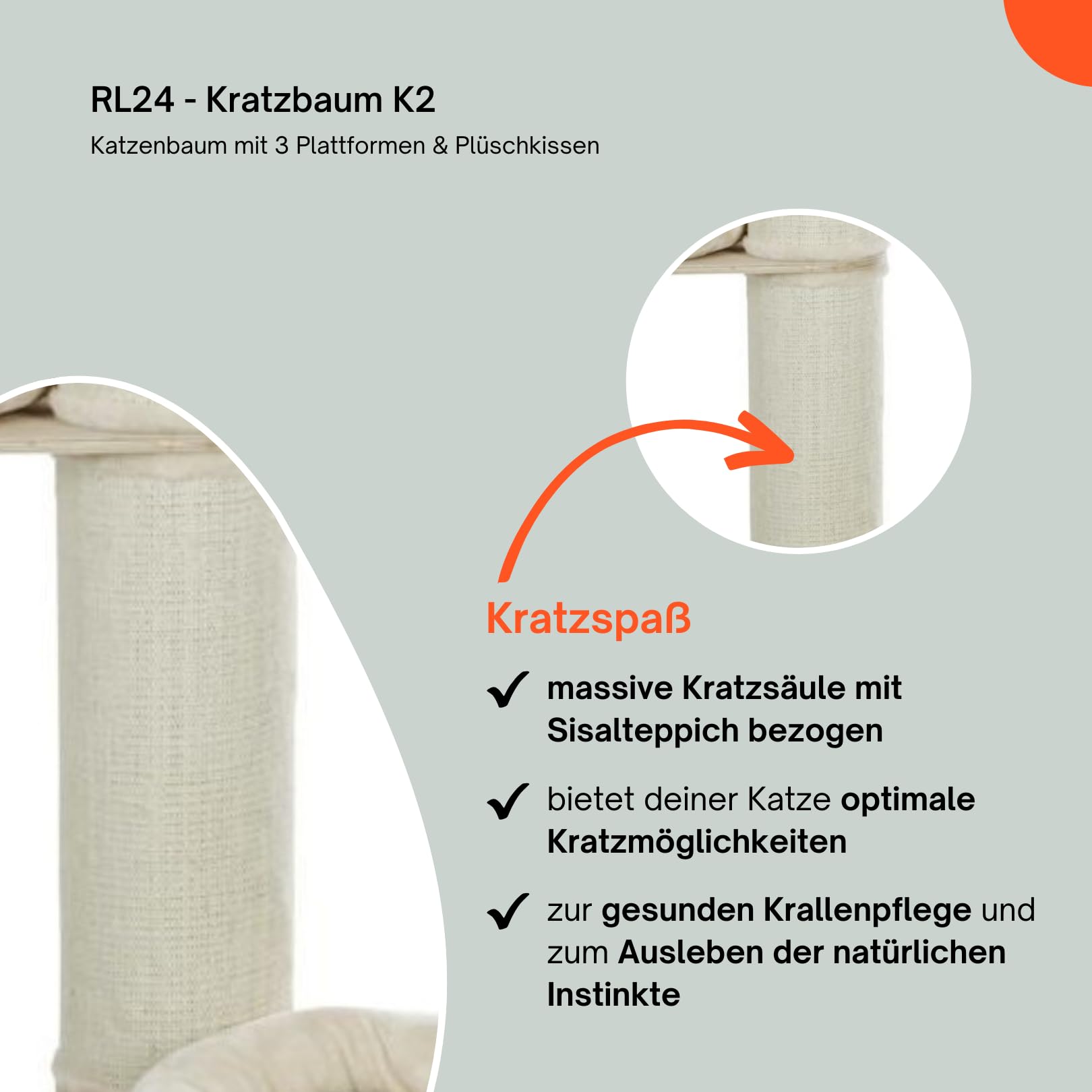 RL24 - Kratzbaum K2 – Katzenmöbel – Beige – Höhe 187cm | Katzenbaum mit 3 Plattformen & Plüschkissen – Katzenkratzbaum mit Sisalteppich an der Kratzsäule – Kratzstamm ø 22cm