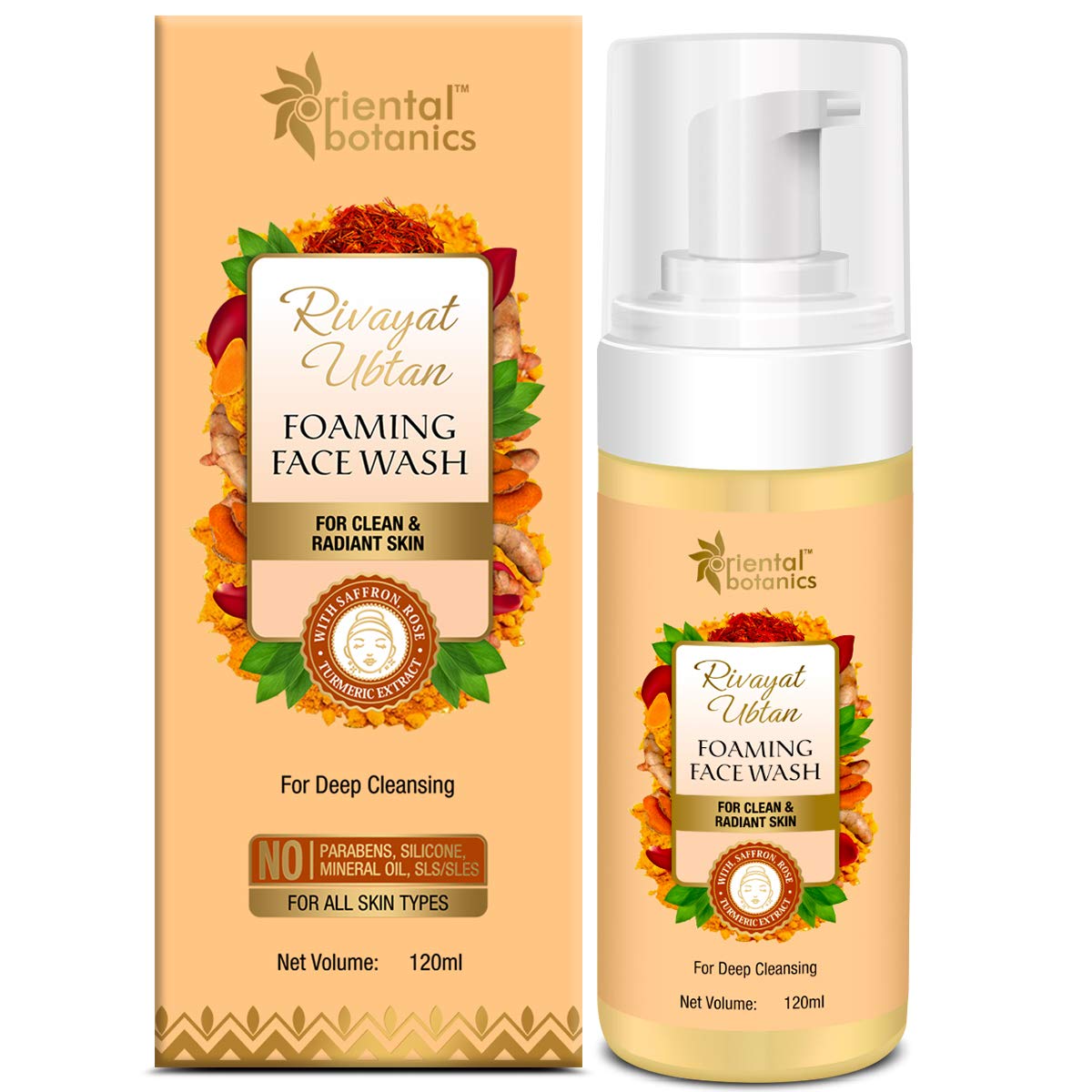 Oriental Botanics Rivayat Ubtan Foaming Face Wash, For Clear And Radiant Skin - With Saffron, Rose And Turmeric Extract, 120ml
