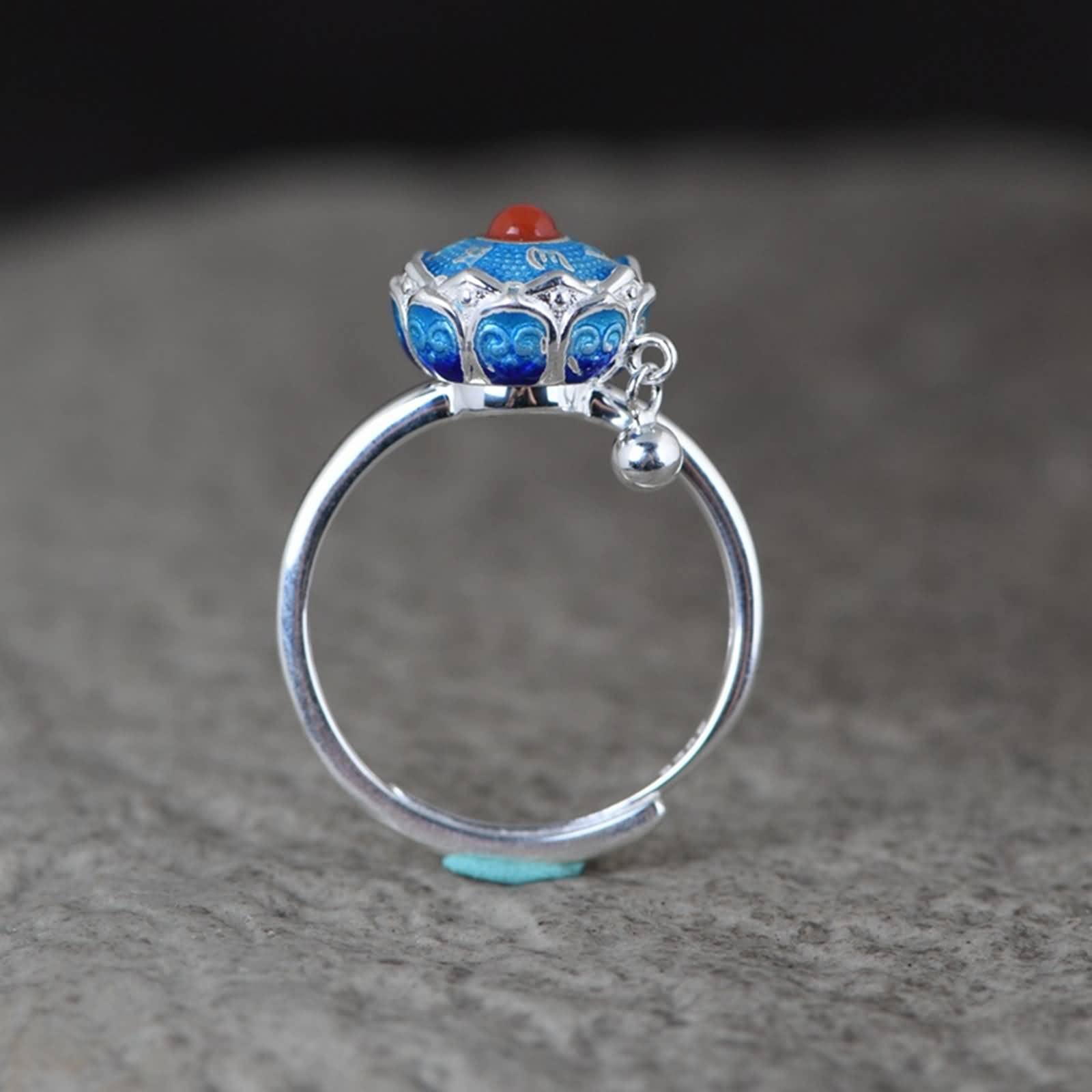 Ringe Frauen Silber 925, 925 Sterling Silber Mantra-Glocke aus Emaille Ringe für DamenSilber Blau, Größe Einstellbar