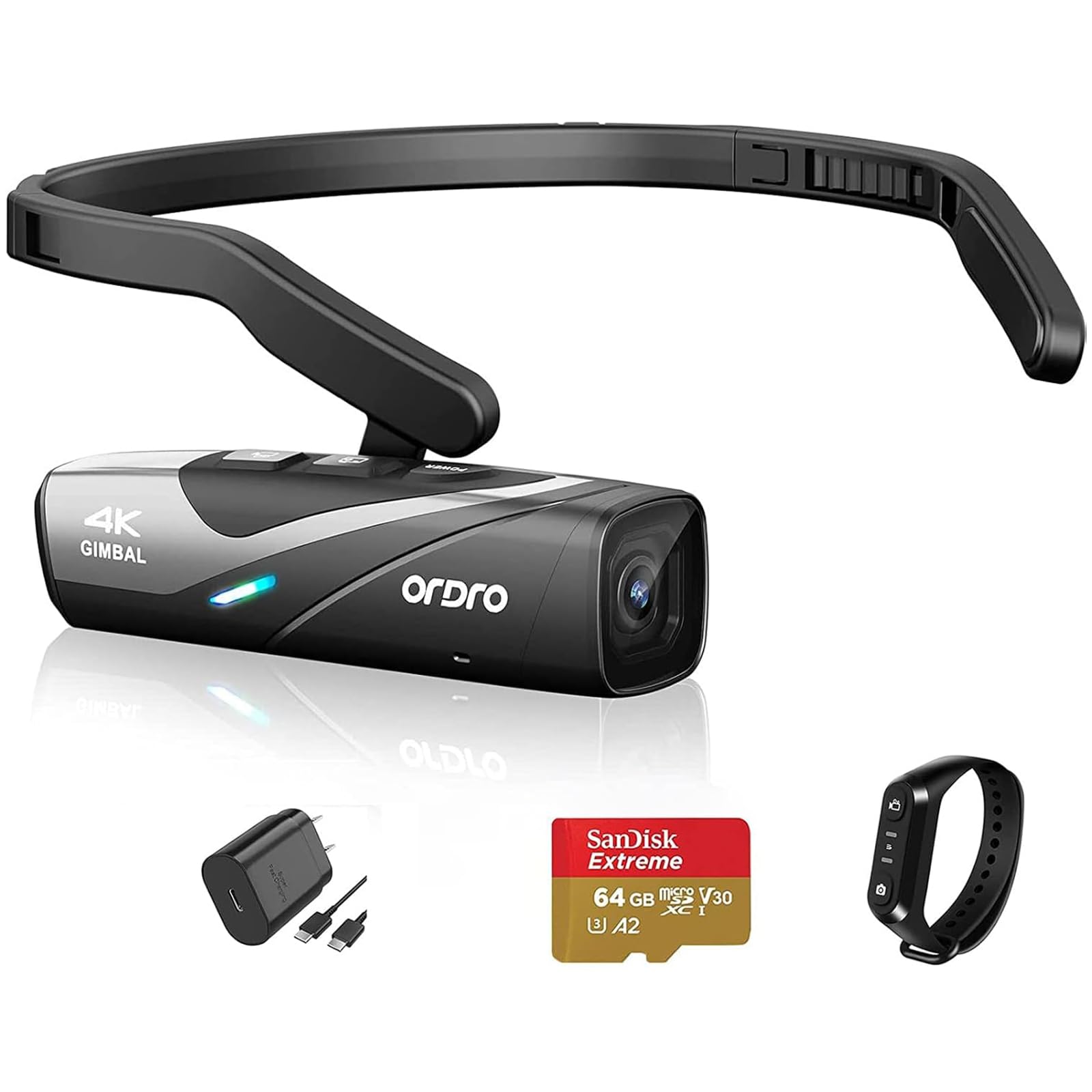 ORDRO EP8 4K Head-Mounted Video Camera, Ultra HD 4K 60FPS Camcorder Vlog Hands Free Wearable Camera, 2-Axis Gimbal Video Stabilizer, Wi-Fi APP, Auto Focus with Remote Control, 64G Micro Card