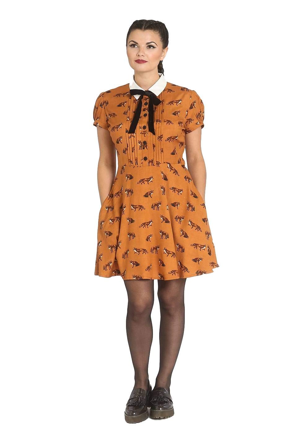 Hell Bunny Vixey 1960's Fox Print Vintage Retro Style Short Dress - Brown (XS)