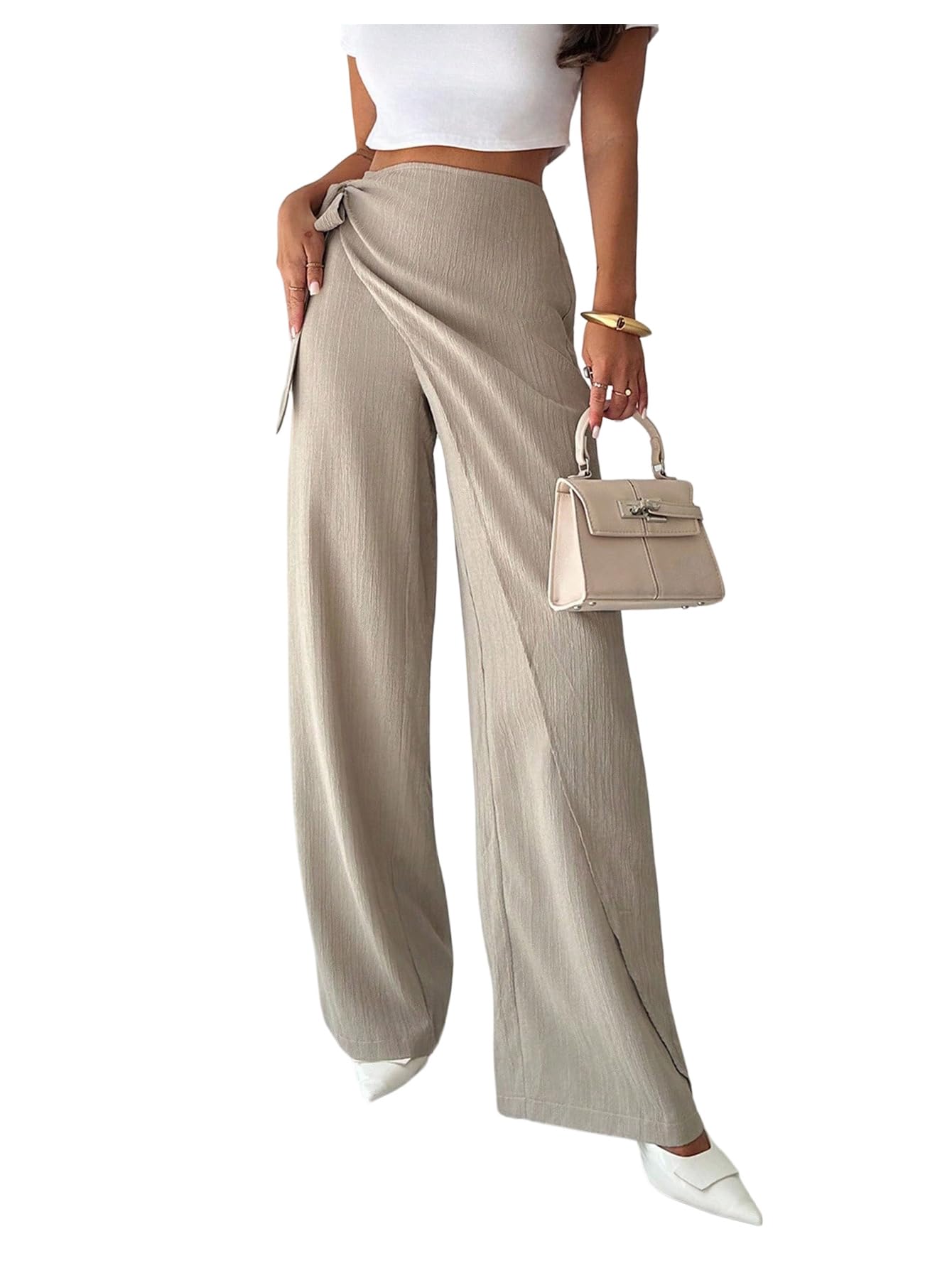 SweatyRocks Womens Wrap Front Wide Leg Pants Trousers Business Work Casual Pants