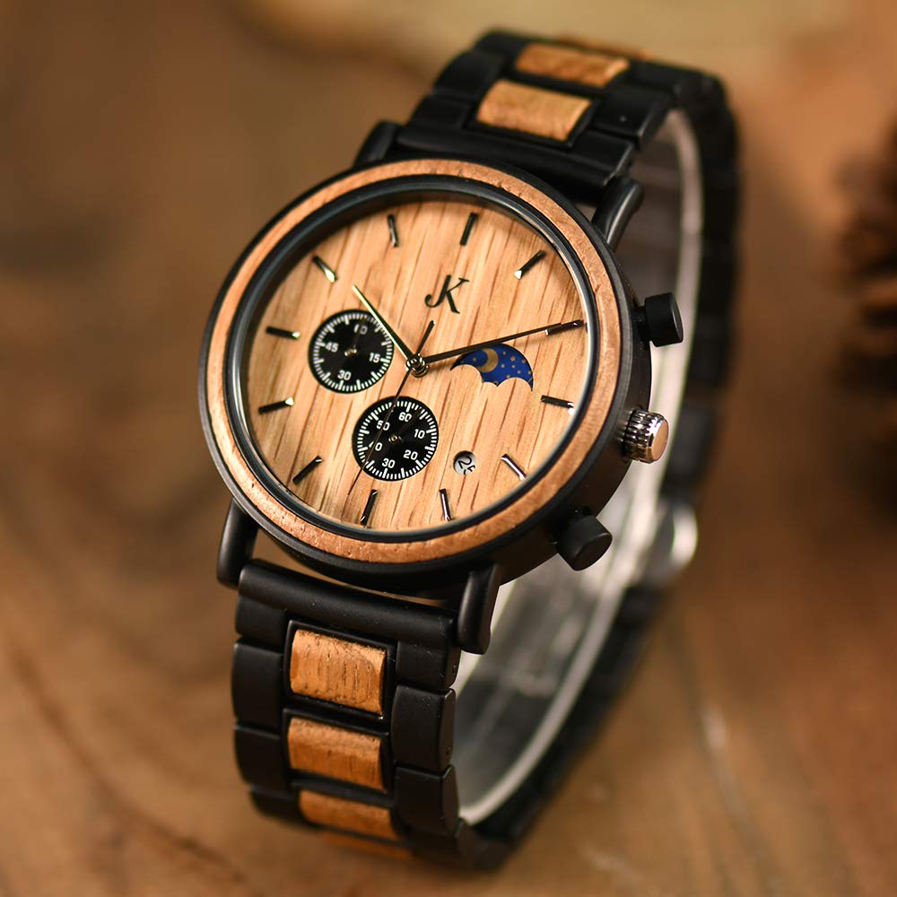 Kim Johanson Herren Holz-Edelstahl Armbanduhr *Military* in Hellbraun Chronograph mit Sonne & Mond Anzeige & einem Gliederarmband Handgefertigt Quarz Analog Uhr inkl. Geschenkbox
