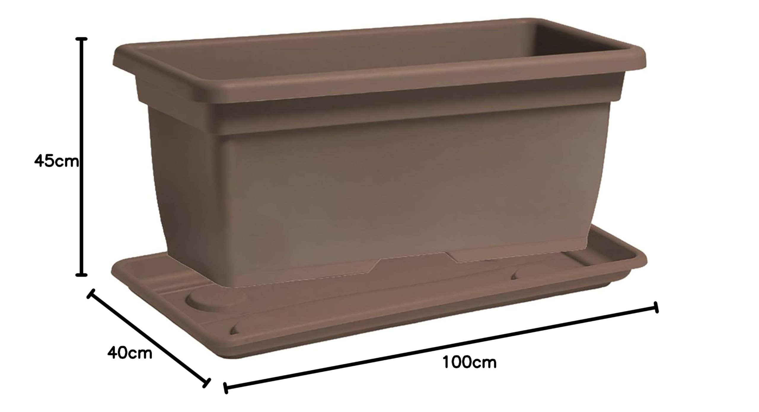 Nicoli vaso fioriera da esterno 80 cm 100 cm in polietilene, con sottovaso, per piante o fiori, vaso rettangolare per balcone, giardino, terrazzo, (Tortora, 100 cm 100x45x40)