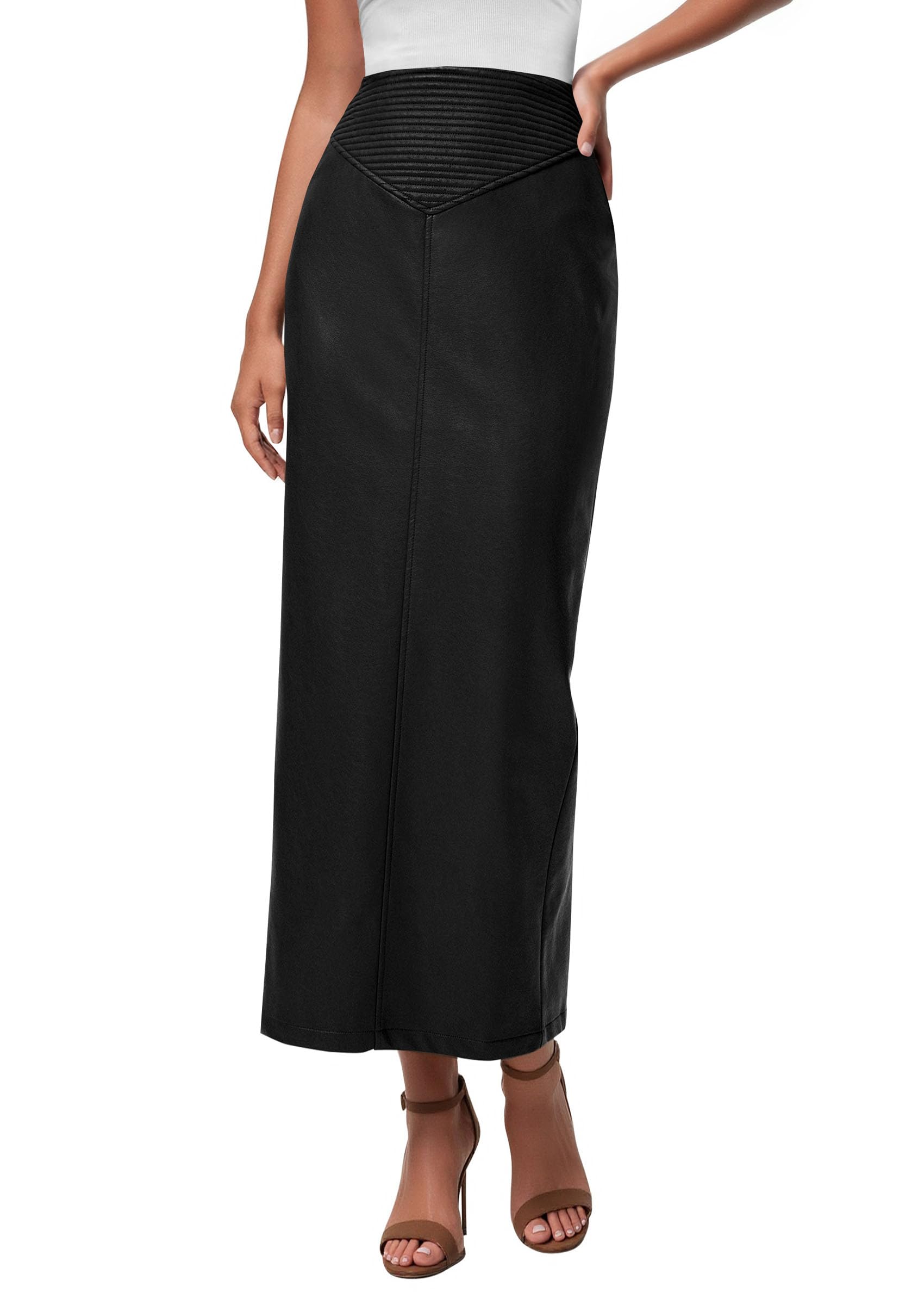 PRETTYGARDEN Long Skirts for Women 2026 Fall Fashion Clothing Faux Leather High Waist Dressy Casual Slit Pencil Maxi