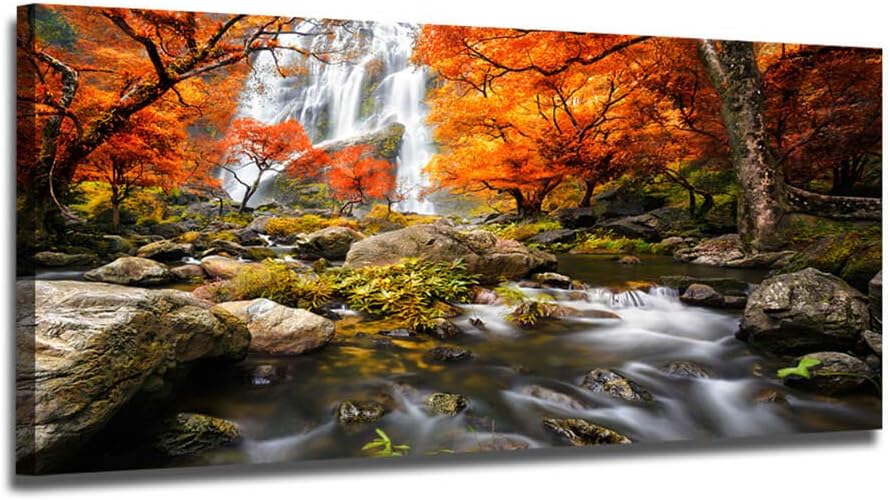 Ardemy Landscape Canvas Wall Art Waterfall Nature Forest Scenery Painting, Modern Scene Artwork Mountain Scenery Picture Framed for Living Room Bedroom Bathroom Home Office Decor, Large 40"x20"