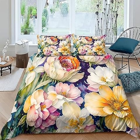 SoGuDio Colored Flowers Duvet Cover 3 Pieces Twin - Includes 1 Comforter & 2 Kids Pillowcases - Four Seasons Bedding Perfect Room Decor for Teens, Boys and Girls Cover
