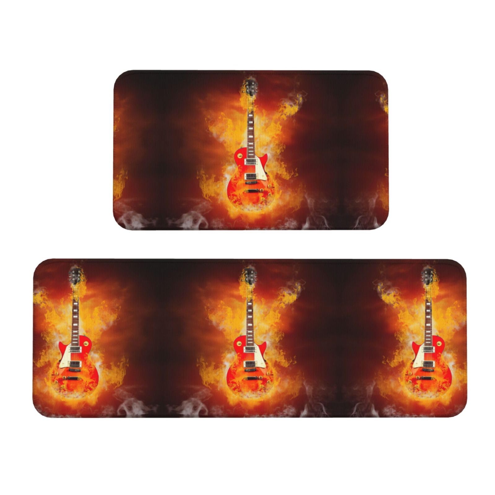 Alfombras de cocina antideslizantes EdWal con diseño de guitarra de rock en llamas