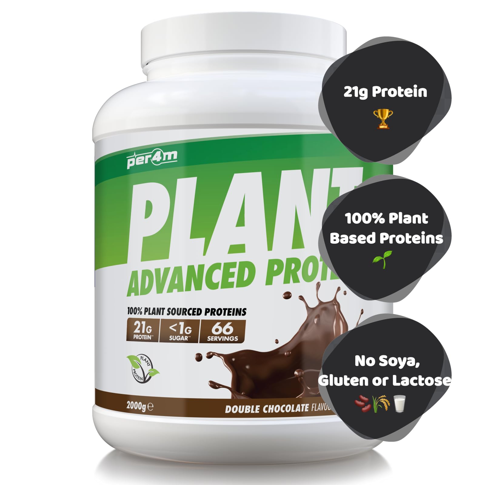 Per4m Plant Protein, Proteine 100% Vegetali da Pisello e Riso, Profilo Aminoacidico per i Muscoli, Formula Vegan Digeribile e Sostenibile, Per Vegani e Sportivi di Qualità – Double Chocolate – 2kg