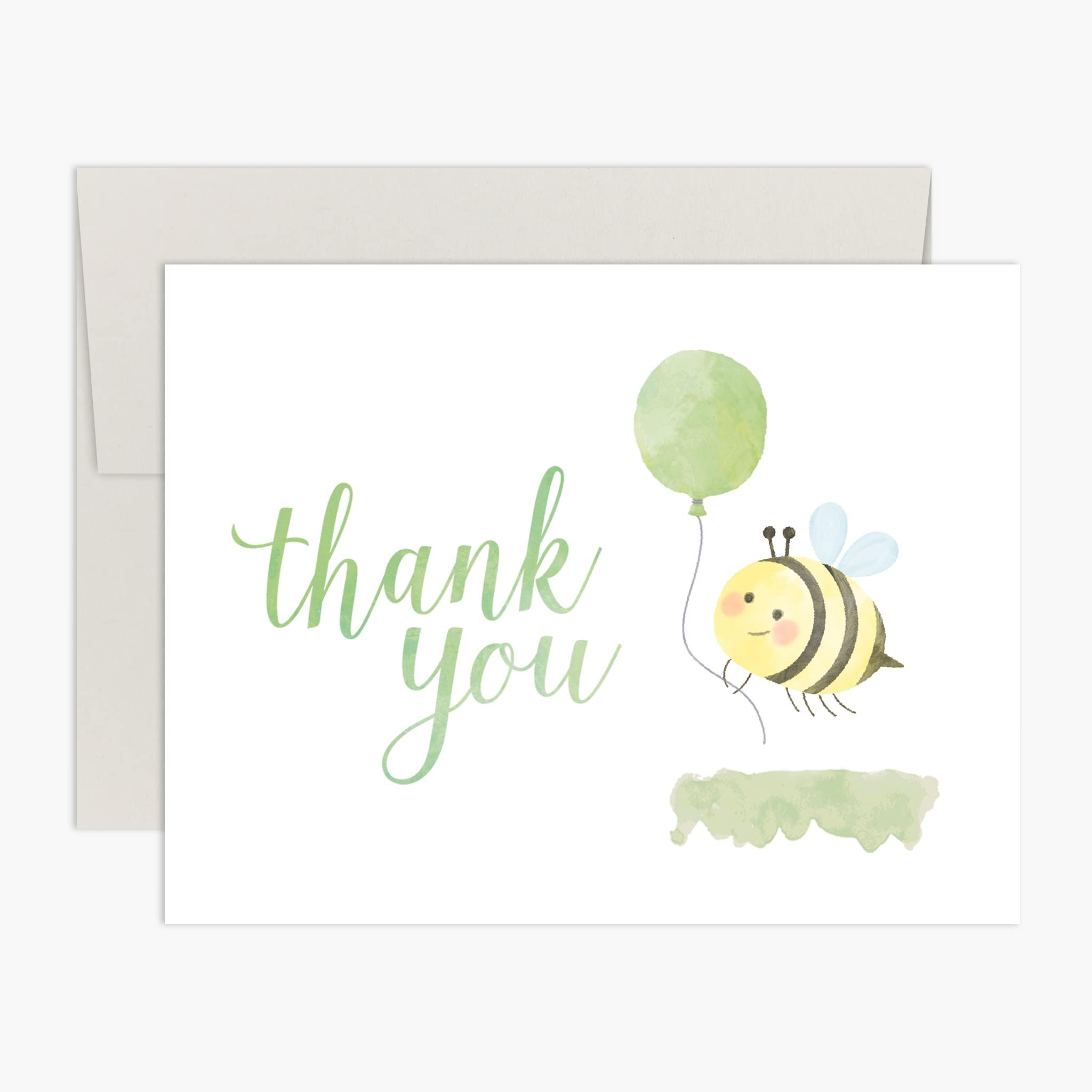 Palmer Street PressSweet As Can Bee Baby Shower Thank You Cards - Set of 10 Watercolor Bumble Bee & Balloon Baby Shower Thank You Notes (Green)