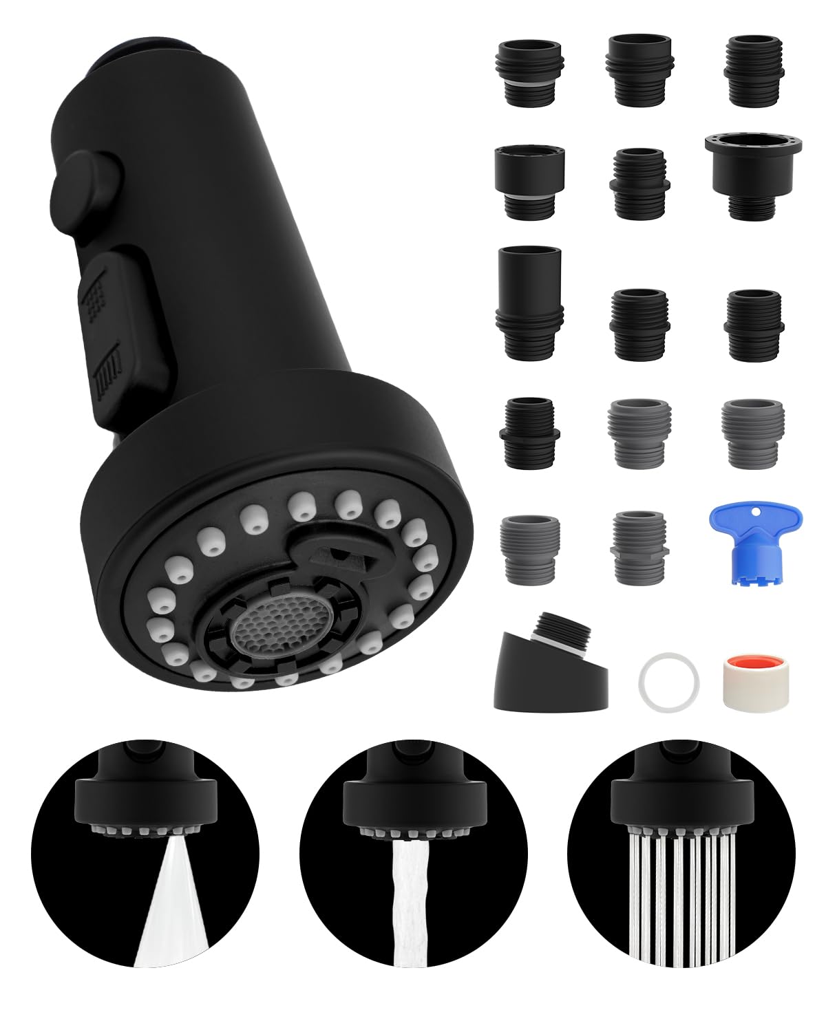 Buse de pulvérisation 3 fonctions avec 15 adaptateurs pour mitigeur rétractable