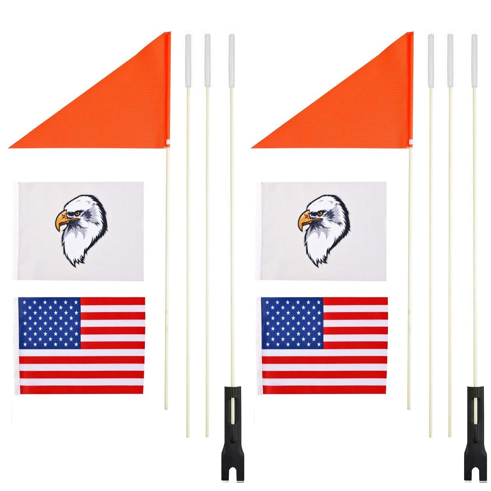 2 Pcs Upgraded Bike Flags with Visibility Orange flags with 6 foot Heavy Duty Fiberglass Flag Pole, eagle Flag, and American Flag