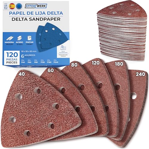 EffektWerk - Lijas Delta - Paquete de 120, 6 Agujeros - Almohadillas de Lijado Triangulares 93 x 93 x 93mm para Máquinas de Lijado Triangulares - Varios Tamaños de Grano (40, 60, 80, 120, 180, 240)