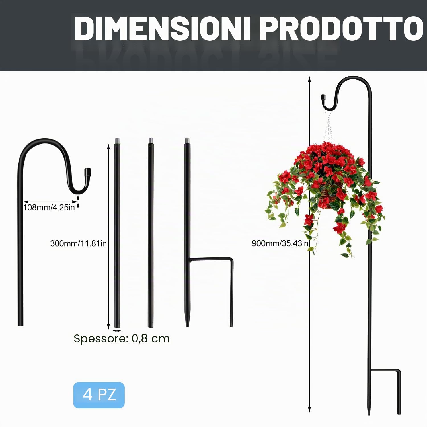 Ganci da pastore 90cm Metallo Palo da Giardino con Gancio per appendere capanno vaso alimentatore uccello Lanterna